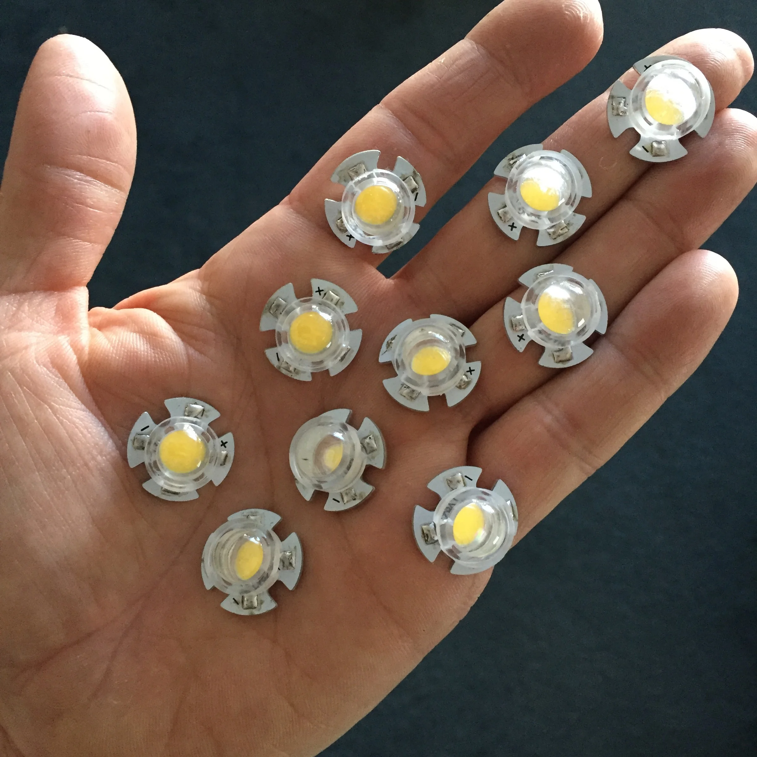 3 watt LED emitters with custom designed injection molded lenses. 