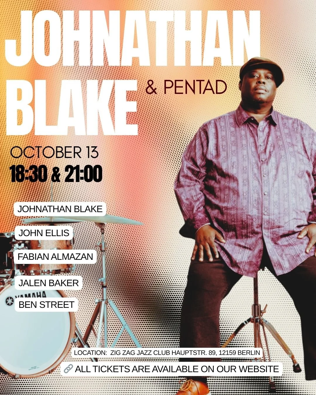 Johnathan Blake &amp; PENTAD
📅Monday, October 13, 2025

18:30 and 21:00

🌟We&rsquo;re thrilled to welcome @johnathanblakedrums and his stellar band PENTAD to Berlin! 🥁
After sharing the stage with legends like Kenny Barron, Tom Harrell and Kris Da