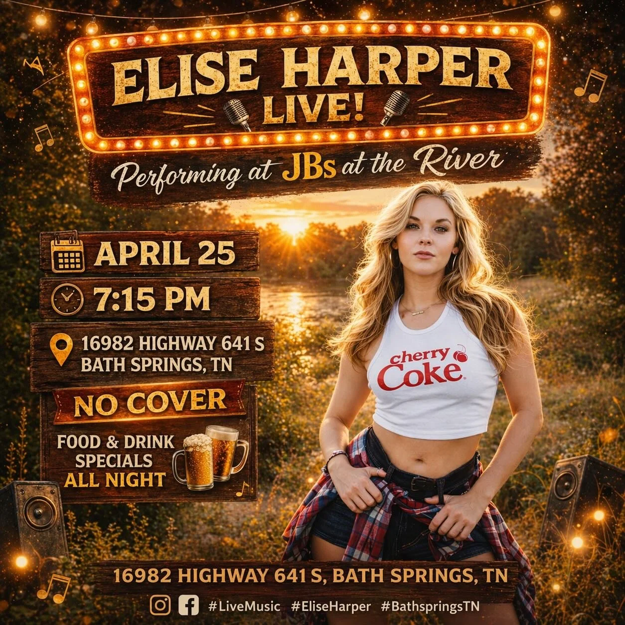 bath springs, i&rsquo;m comin&rsquo; for ya 💫

april 25 &bull; 7:15pm

no cover, just good music, cold drinks, and a cherry coke kinda night 🍒

come hang with me at jbs at the river 🤍

#eliseharper #livemusic #livecountrymusic #nashvilleartist #co