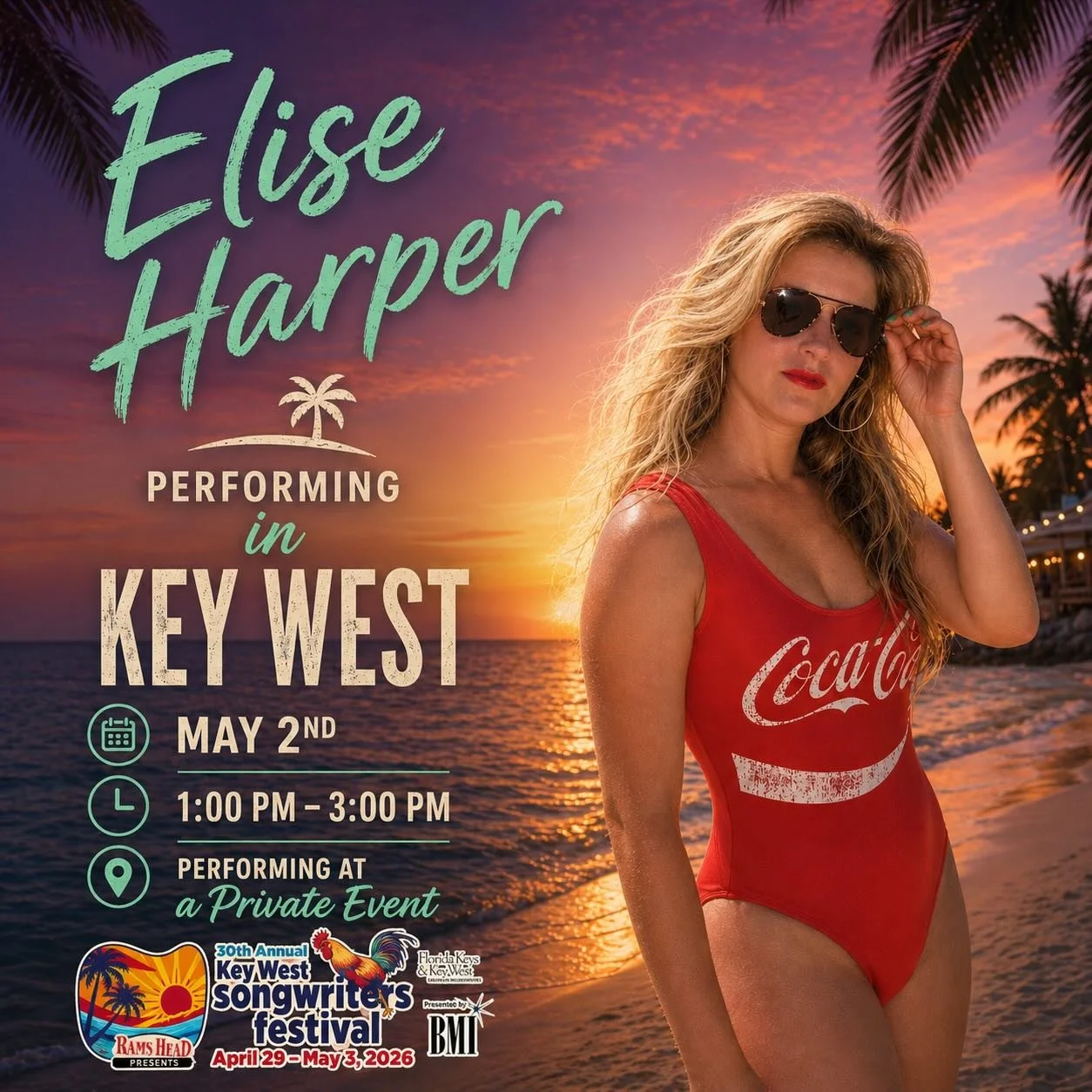 booked, busy, and bringing a little country to key west! 🌴🐚👙
 
catch me where the sunsets are hot and the songs hit harder. 🌅🔥

i&rsquo;ll be performing at a private event on may 2nd from 1&ndash;3pm and feeling incredibly grateful. ✨

key west,