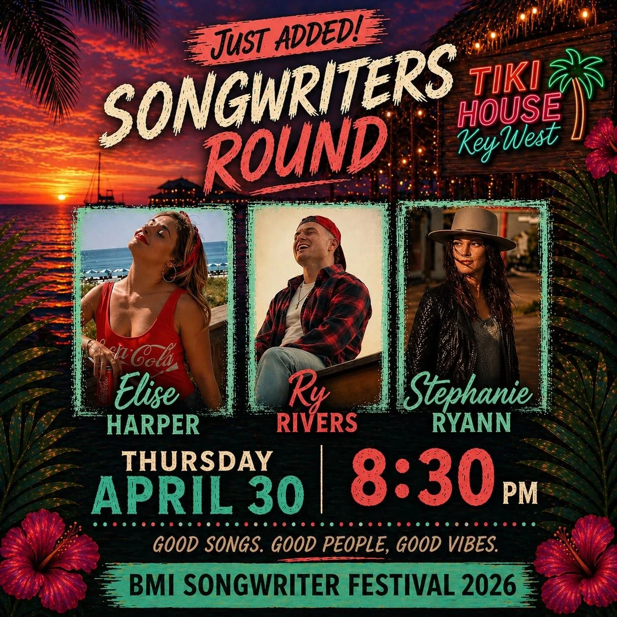 just added - tiki house, key west 🤭🌴

thursday, april 30 at 8:30pm, for the bmi songwriter festival!

come hang, sing along, and fall in love with a sad song or two

i&rsquo;ll be the girl drinkin&rsquo; a coke, come find me 😉🥤

#eliseharper #key