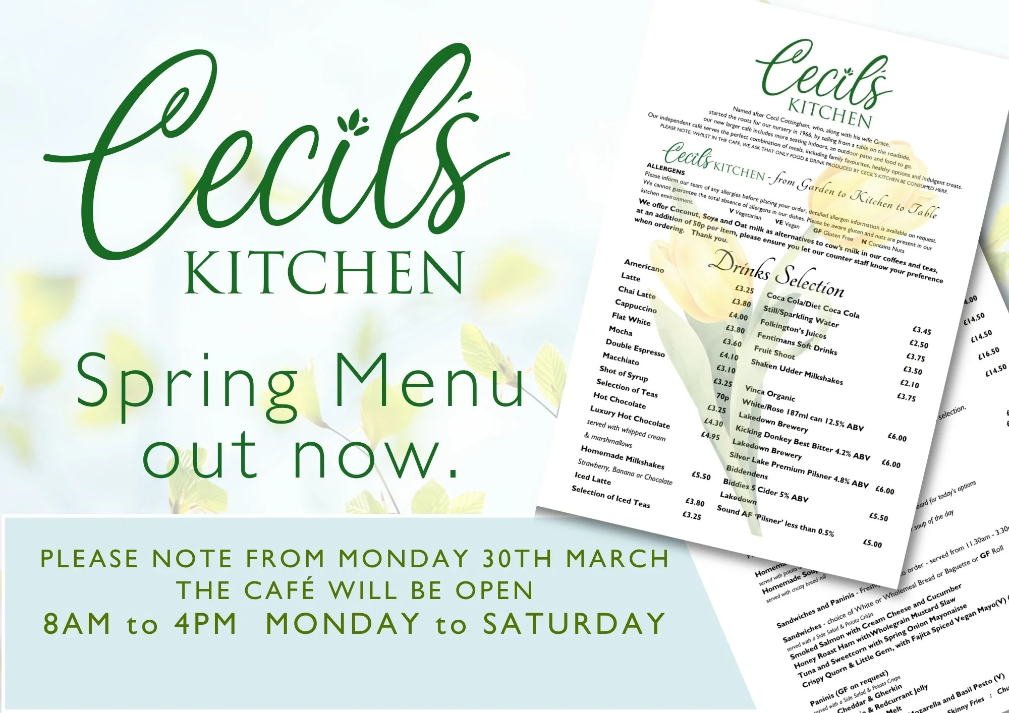 Cecil&rsquo;s kitchen will be opening a little earlier during the week. Opening hours Monday through to Saturday will be 8am to 4pm, so come early for breakfast or a coffee before you embark on your plant and gift shopping.☕🍳🥓
 #crowbrough #lewes #