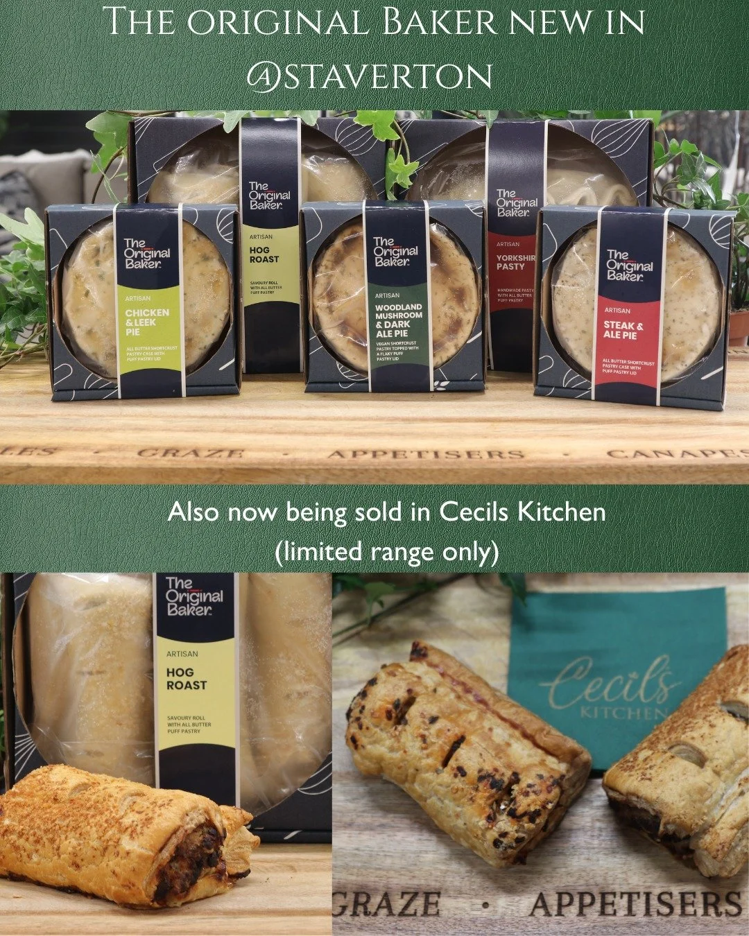 New lines in our farm shop 😍😁 
The Original Baker frozen pies 
Peppered Steak &amp; Ale Pie Medium 
Peppered Steak &amp; Ale Pie Small 
Peppered Steak &amp; Ale Pie Large 
Slow Roasted Pork &amp; Cider Pie Medium 
Chicken, Bacon &amp; Mushroom Pie 