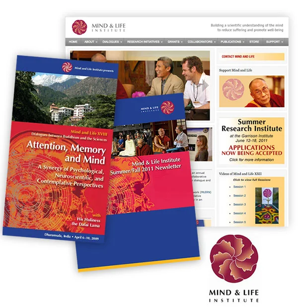 The Institute's previous "look" as shown through their old website, publications, and logo. The brand was dated, and overly tied to imagery of the Dalai Lama, and Buddhist tradition, limiting its appeal.