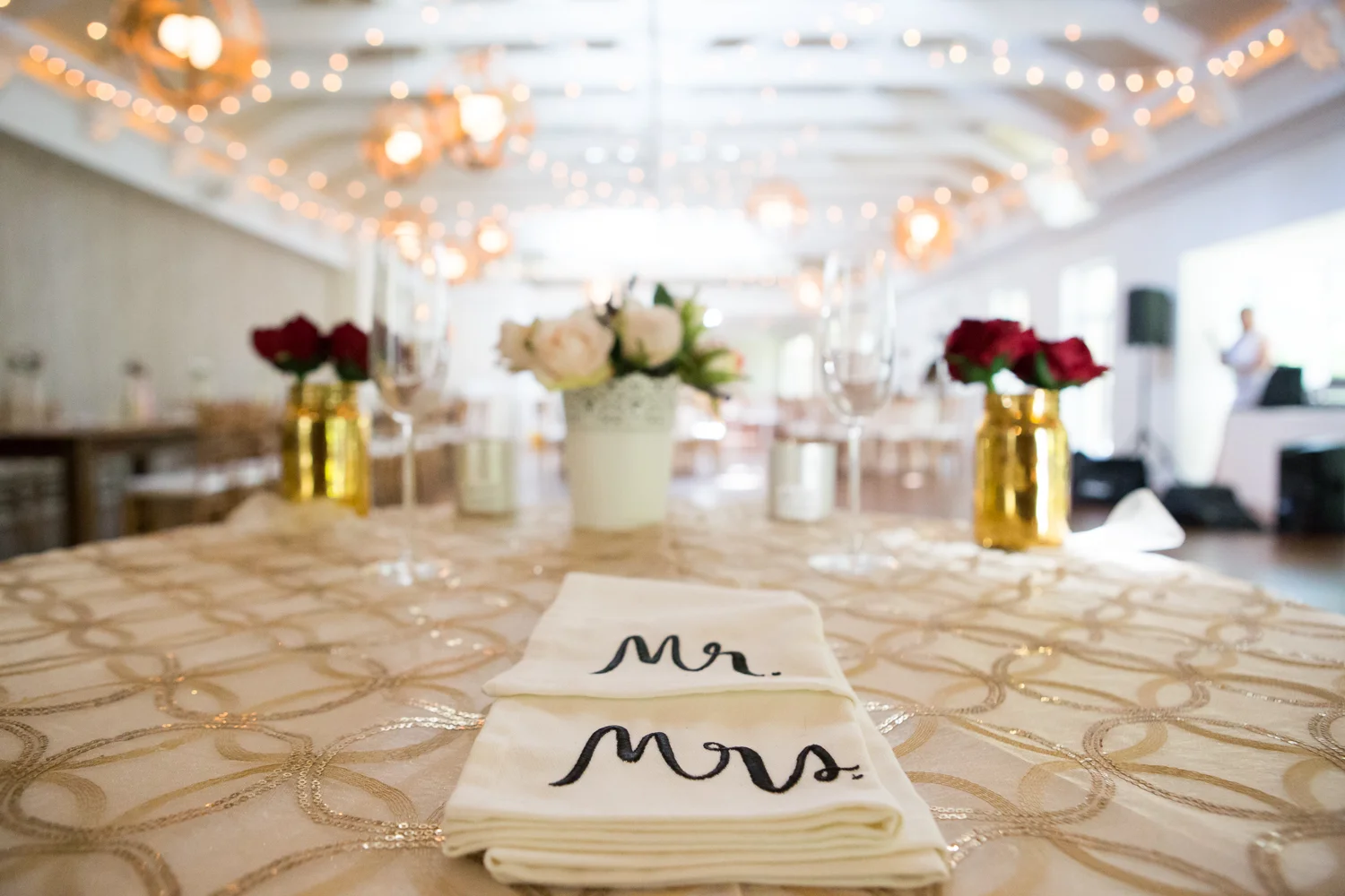 Photo of bride and groom's table at wedding reception