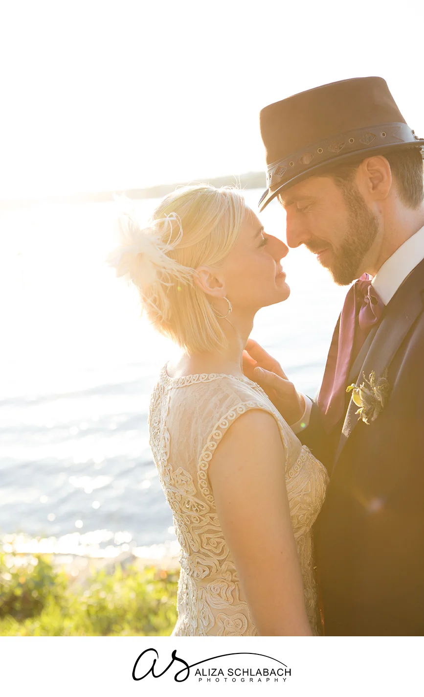 Photo of a backlit bride and groom