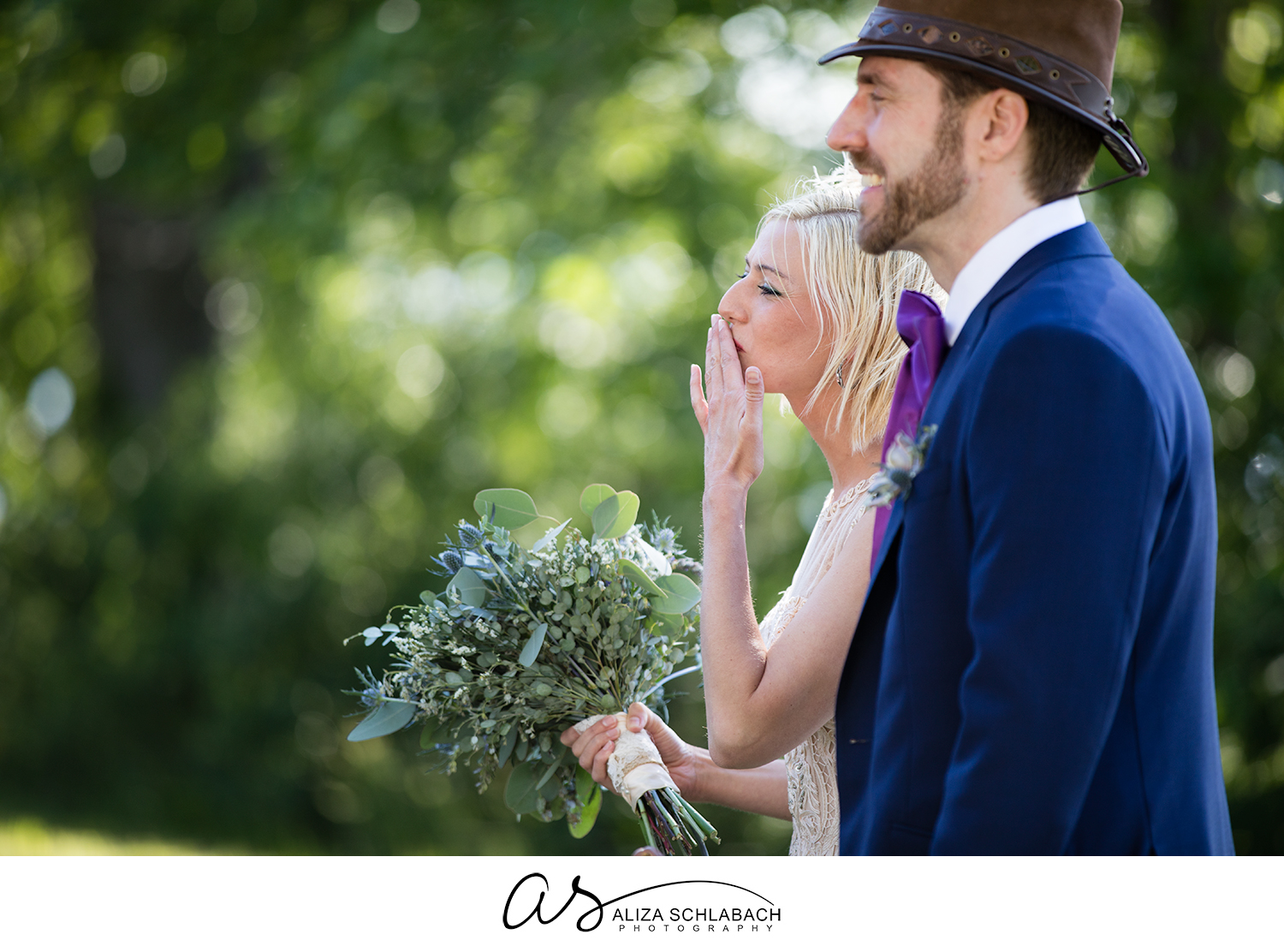 Photo of bride blowing a kiss 