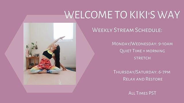 Starting tomorrow I&rsquo;ll be streaming on @twitch. 
Monday and Wednesday (9-10am) will be Quiet Time, (intention, music, meditation, journaling) and some simple stretches to integrate our mind and body. 
Thursday and Saturday (6-7pm) we&rsquo;ll r