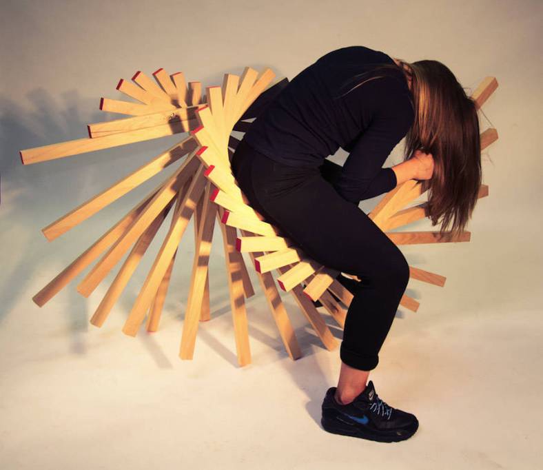 Disposture is a chair imagined by Jessica Ross, Emily Wallace and Cathrynn Healy, design students at the Duncan of Jordanstone College of Art and Design : The chairs were made to be completely uncomfortable, forbidding the users to find a good position, thereby highlighting the long-term effects of slouching. Jessica Ross got inspired when she noticed that she was always slouched on her desk when she types on her computer.