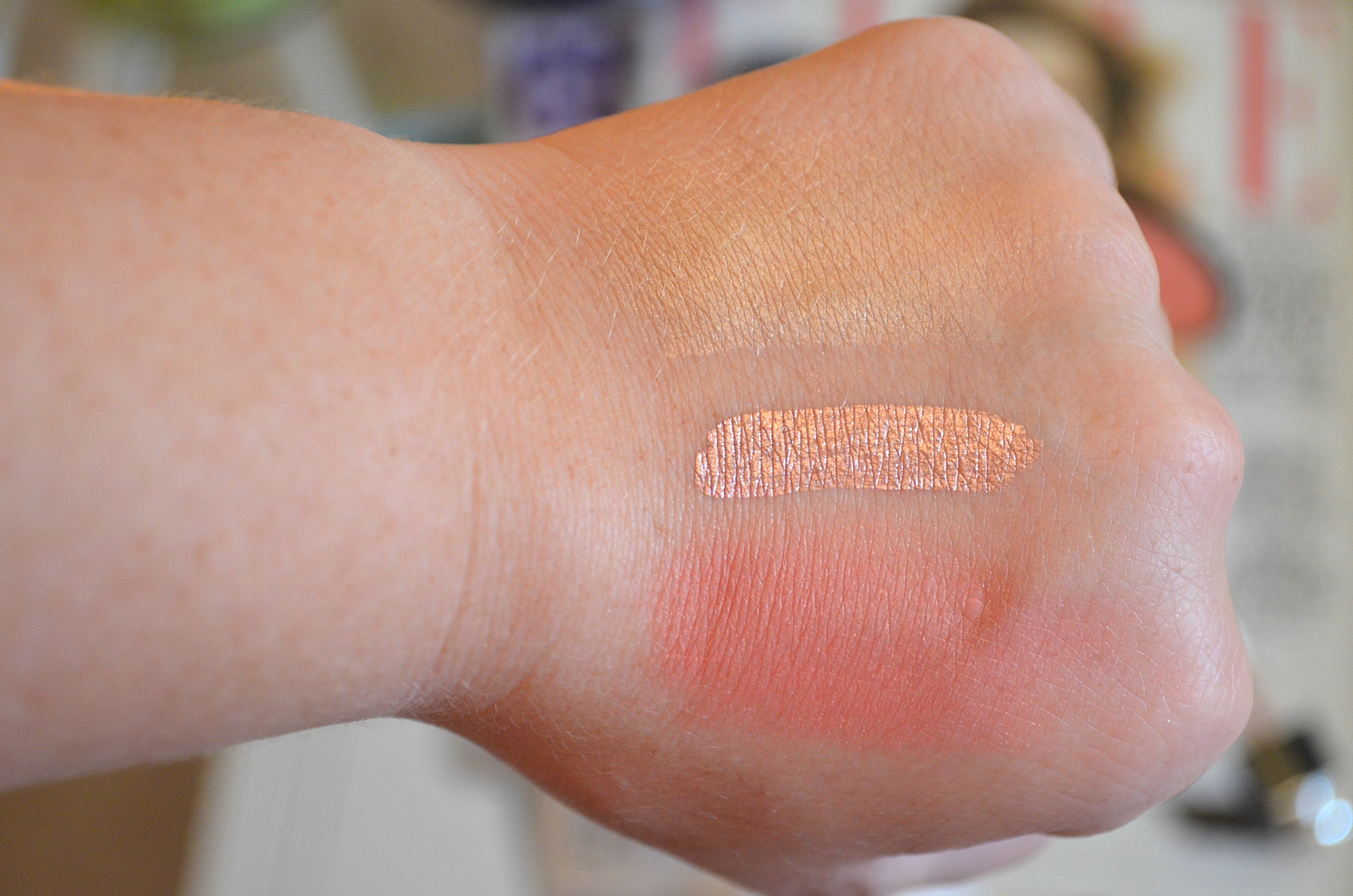 Top theBalm Mary-Lou Manizer, middle Dior Fluid Shadow, & bottom is Becca Blush in Flower Child