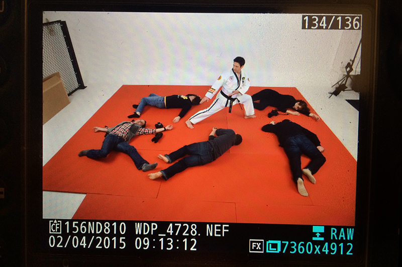 One of the scenarios Mr. Kern practiced move in his ATA 4th degree form while others laid around (this is pretend!). Stay tuned to see the final images on their website and perhaps in the ATA World magazine!