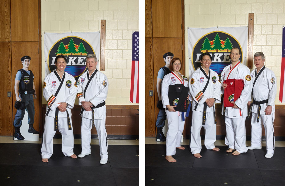 Master Dave Niska with Mr. Kern (and Agent G in the background) pictured left. Mrs. Jessica Reinhardt earned her black uniform while Mr. Clay Hogen-Chin earned his first-degree black belt, pictured right along with Master Niska and Mr. Kern.