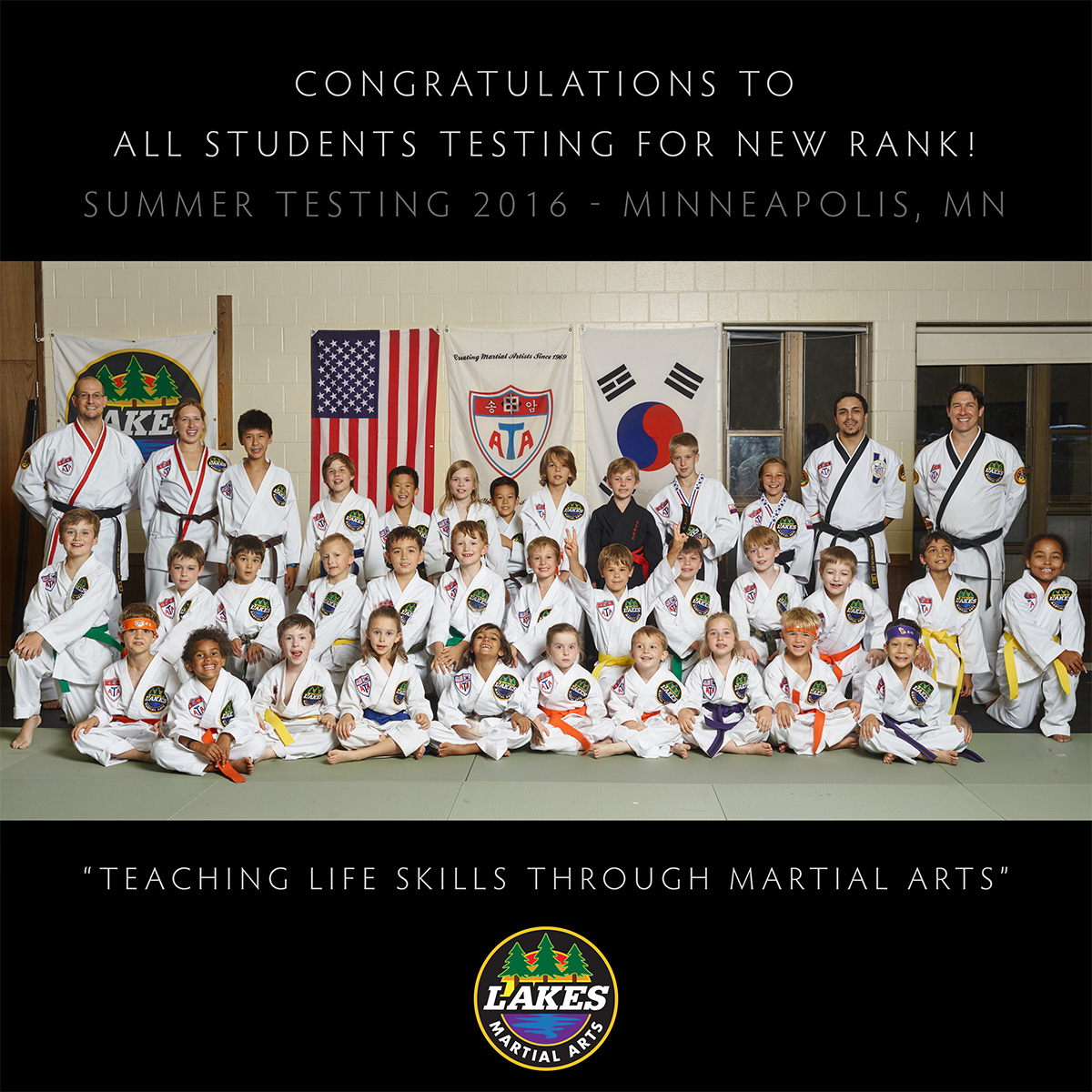 Congratulations to all the students who tested for a new rank on June 29, 2016 at Lakes Martial Arts in Minneapolis! Here is our Summer 2016 class photo: