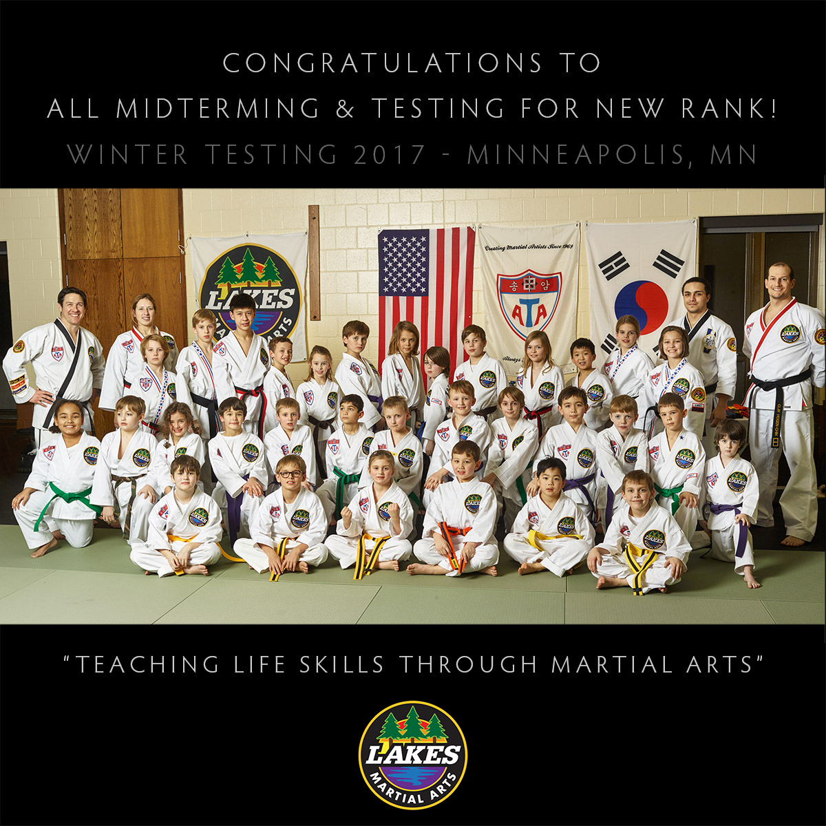 Karate Kids and instructors display confidence and self-esteem in our class portrait after testing.
