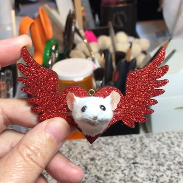 Glitter! Heart with wings! Cute little mouse! Doesn&rsquo;t get any better. Now on #Etsy #mouse #taxidermy #stockingstuffer #giftideas #Christmas #holidays #glitter