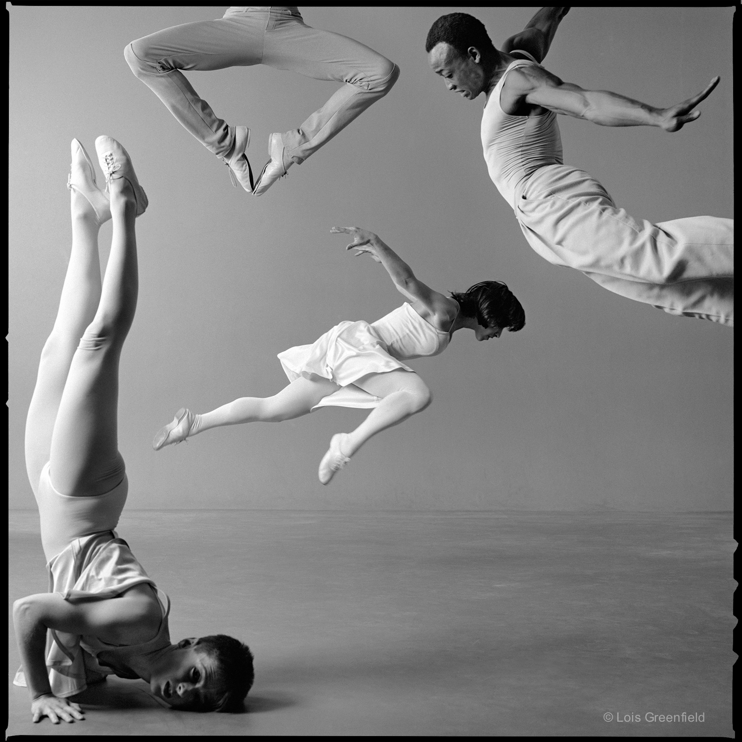   JULIE WEST, POONIE DODSON, AMY PIVAR, BILL T. JONES, " Freedom of Information",  BILL T. JONES/ ARNIE ZANE DANCE COMPANY   This shot was composed like a still life, with each dancer describing his own shape in the air. 