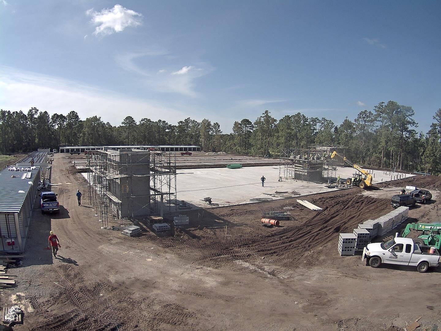 Stairwell shafts are being laid at the largest of 9 buildings at Save-It-All Storage in Myrtle Beach. PEMB erection continues at other buildings. #storagebuilder #builtbetter #ministorage