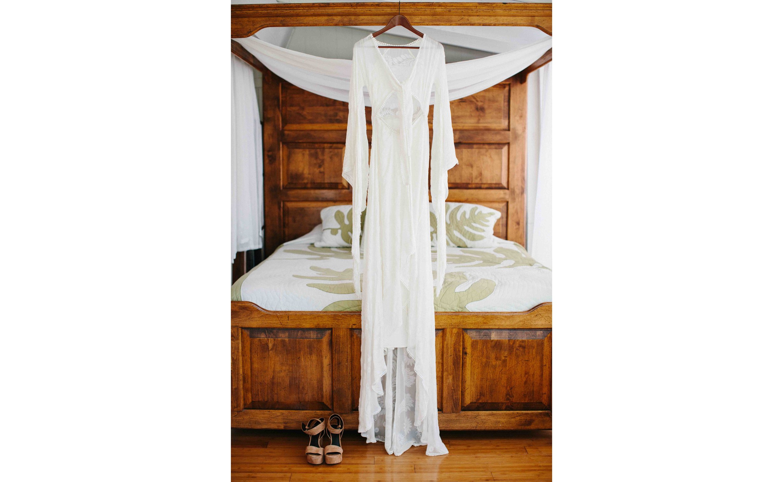 Boho Wedding Dress Hanging in Bridal Suite