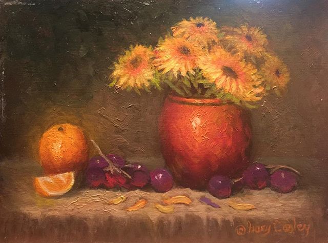 Just finished these #sunflowers #copperpot #oranges #grapes #oilpainting #fineart Lots of fun 6x8