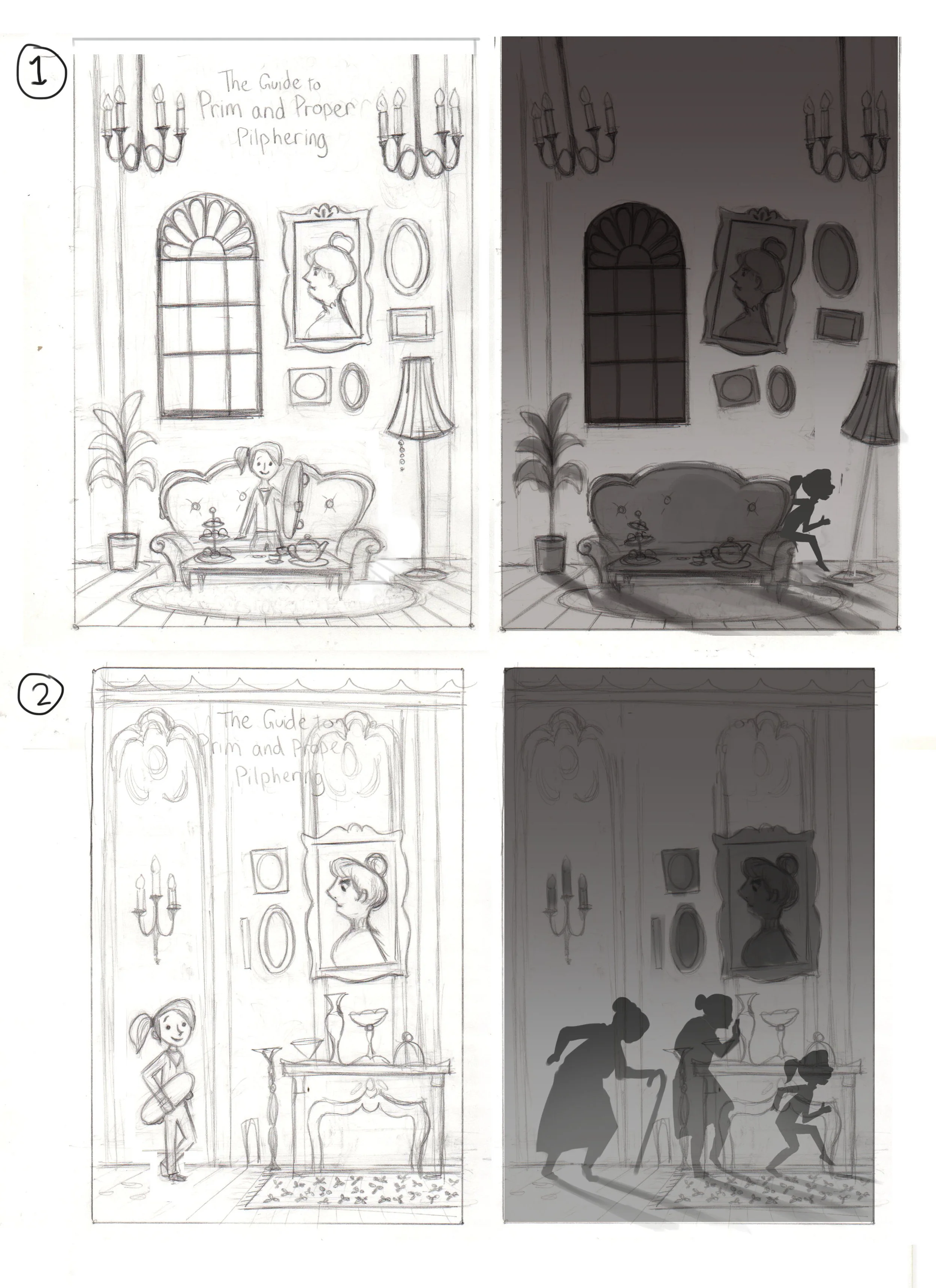 The project started off with sketches exploring different ideas, which led to a more detailed drawing, color thumbnails, and the final color. 