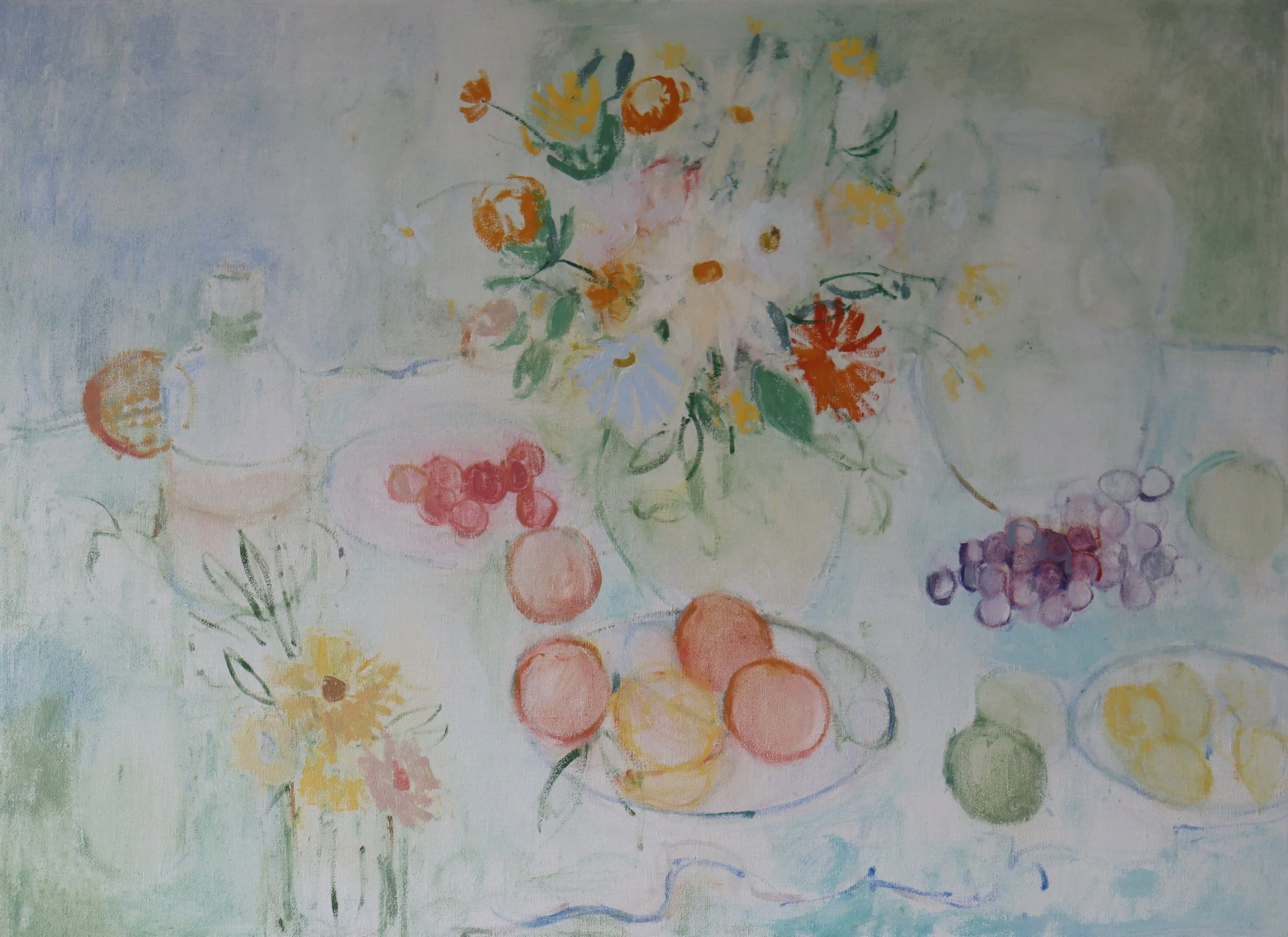Oil apinting stilllife with orange fruit and dahlias Jessica Biggs.jpg