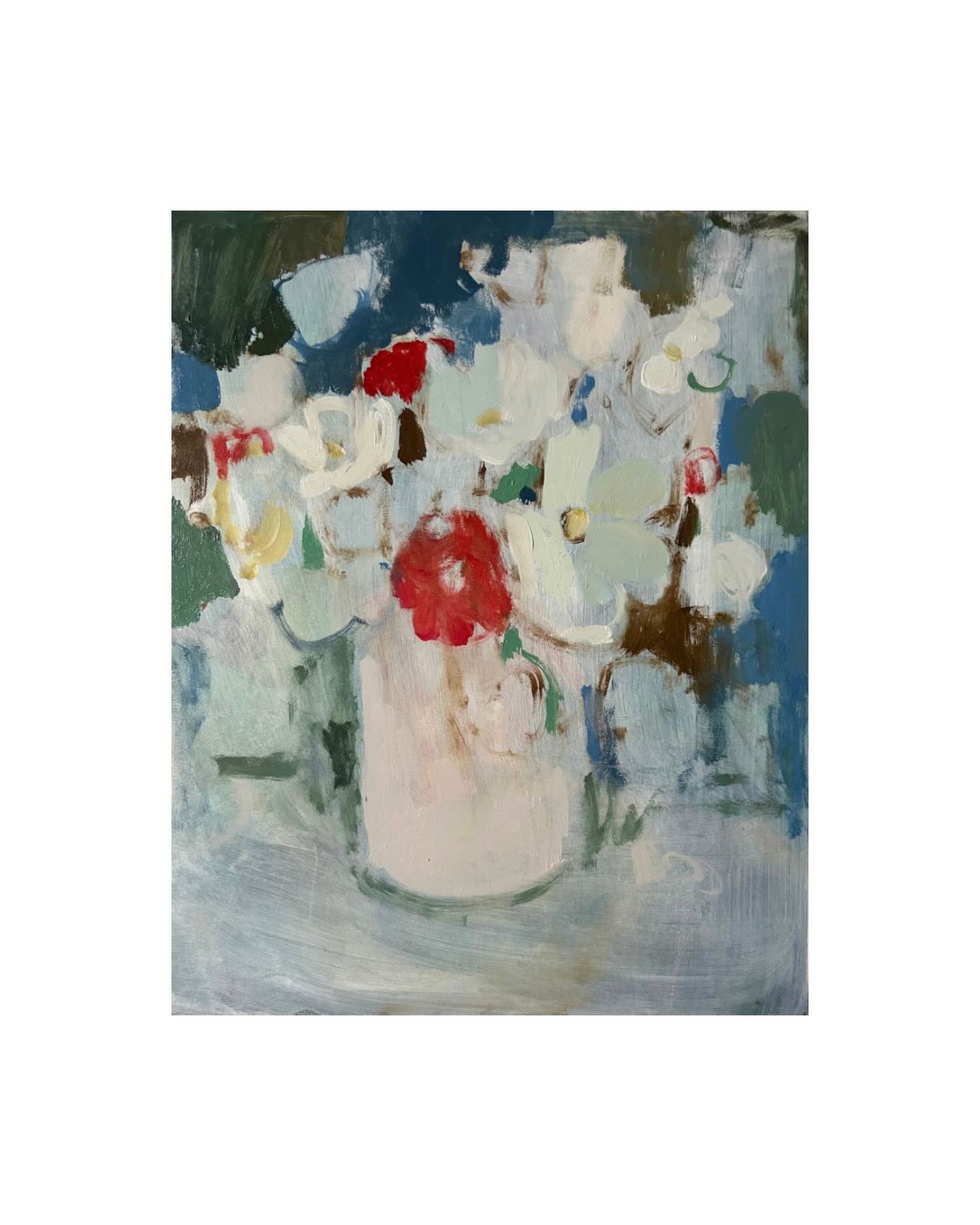 Study with red flowers in a pale pink vase