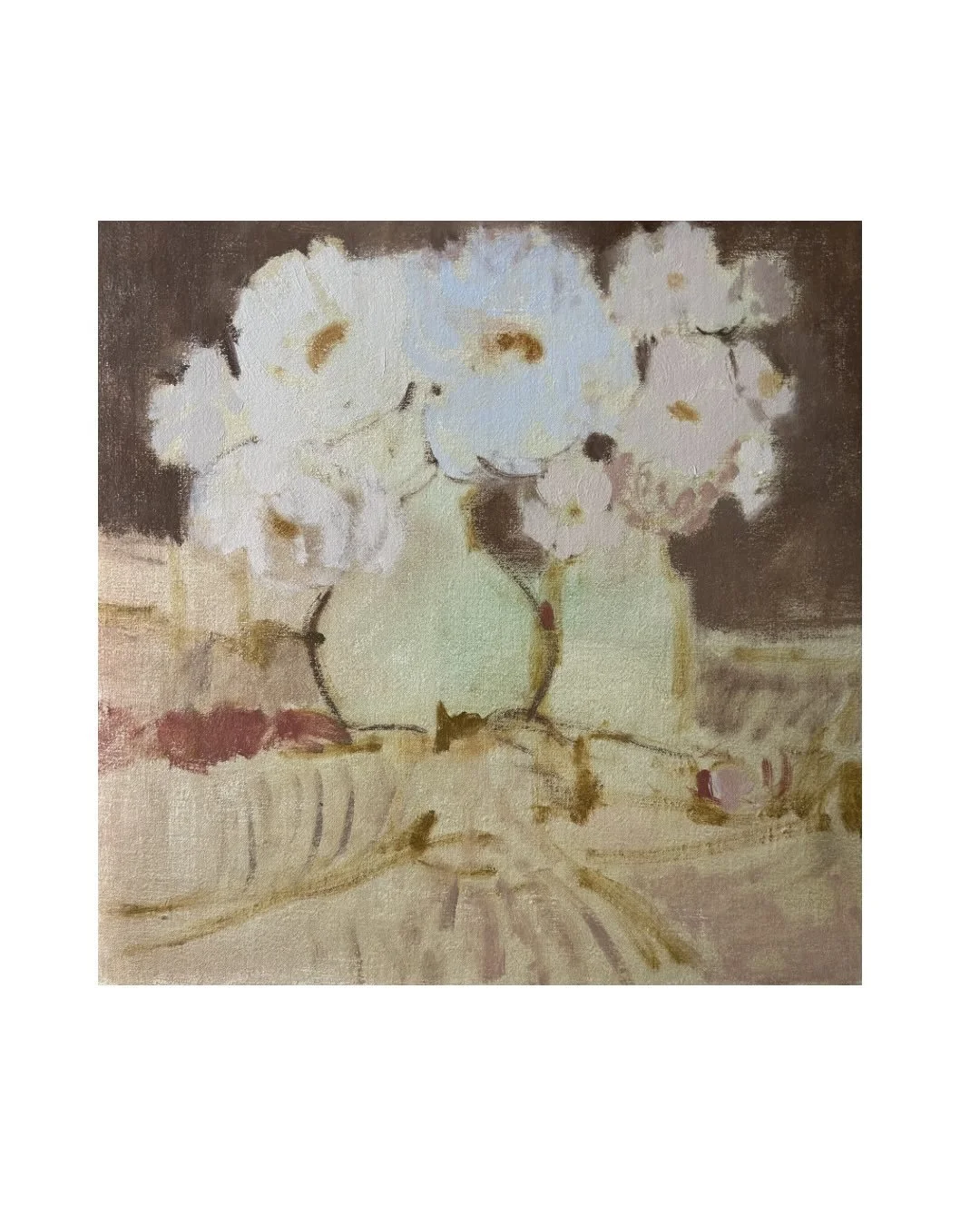&lsquo;Peonies, Duchess White&rsquo;
Oil on linen 
12x12&rdquo;