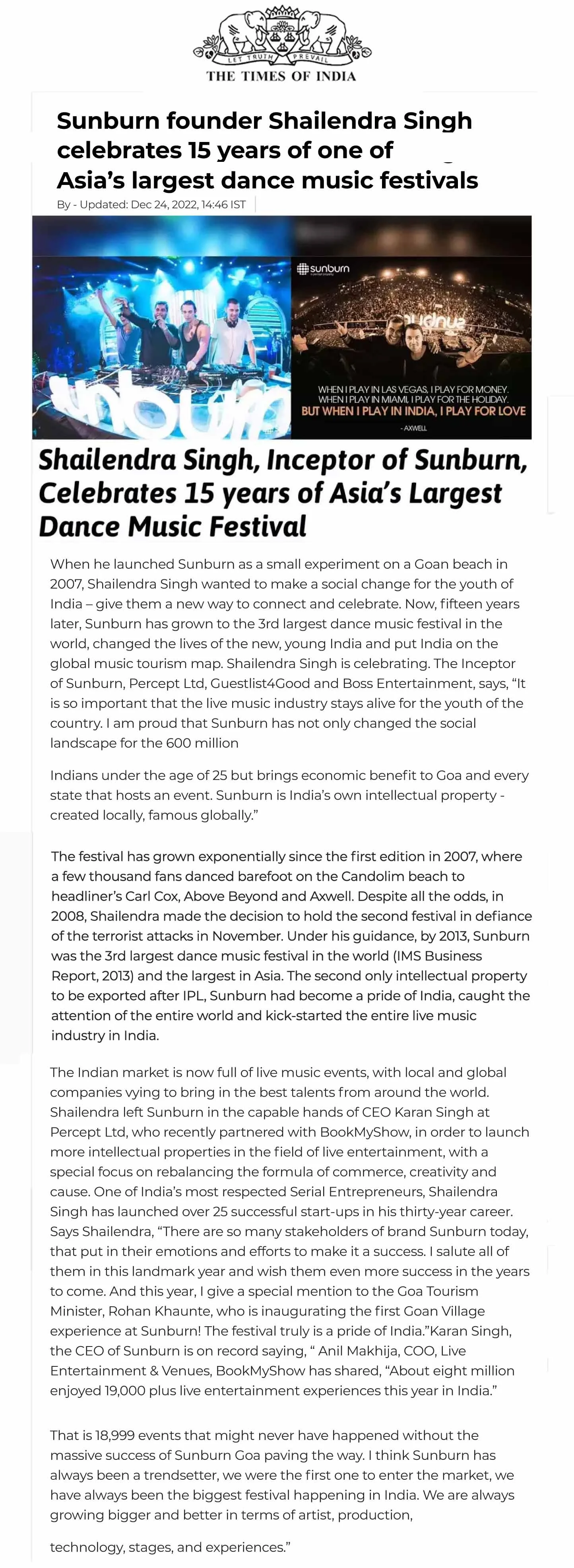 Shailendra Singh, Inceptor of Sunburn — Times of India feature on 15 years of Asia's largest music festival