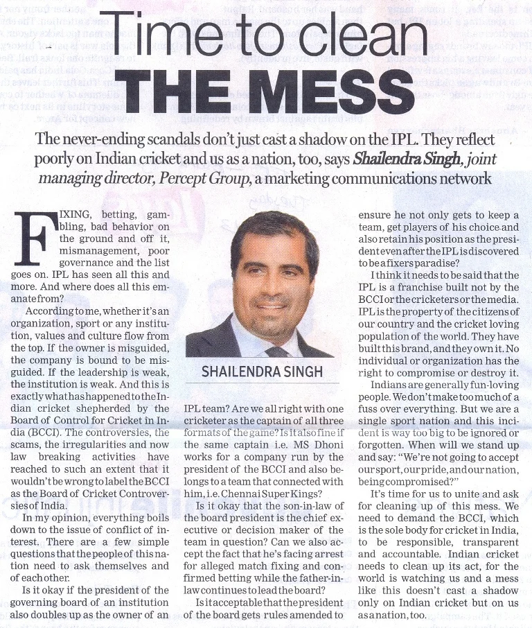 Shailendra Singh's editorial on cleaning up cricket in Financial Express 2013