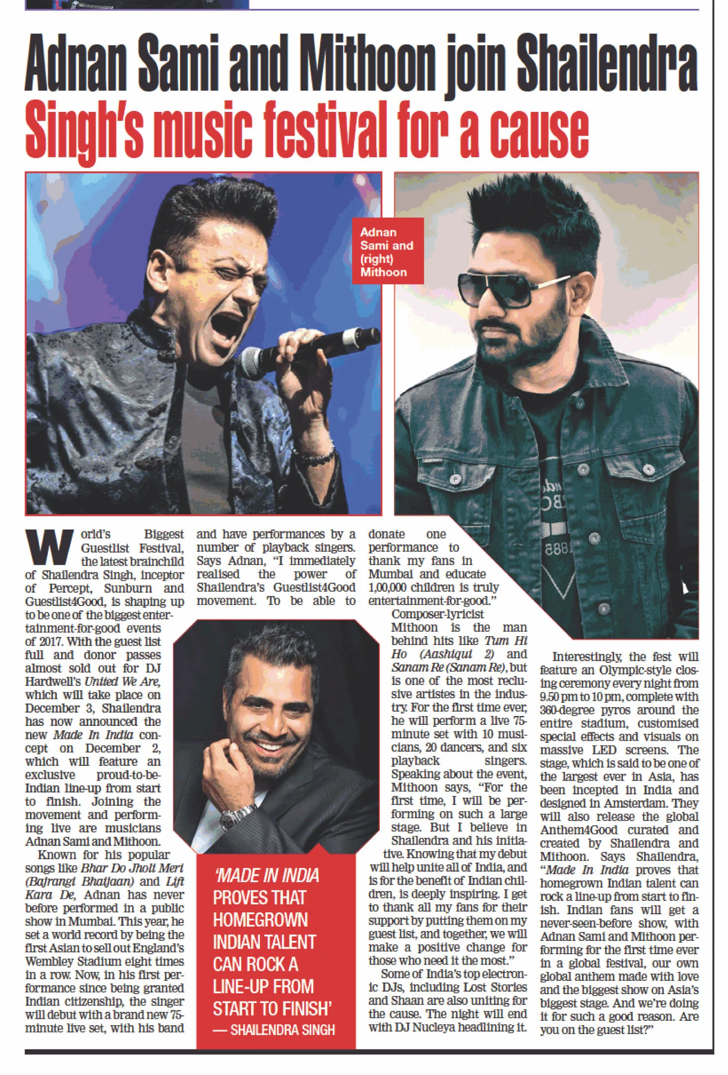 Adnan Sami and Mithoon join Shailendra Singh's music festival for a cause, Times of India, Nov 2017