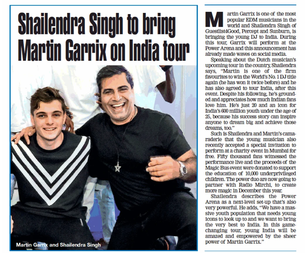Shailendra Singh featured with Martin Garrix in Times of India, Oct 2018