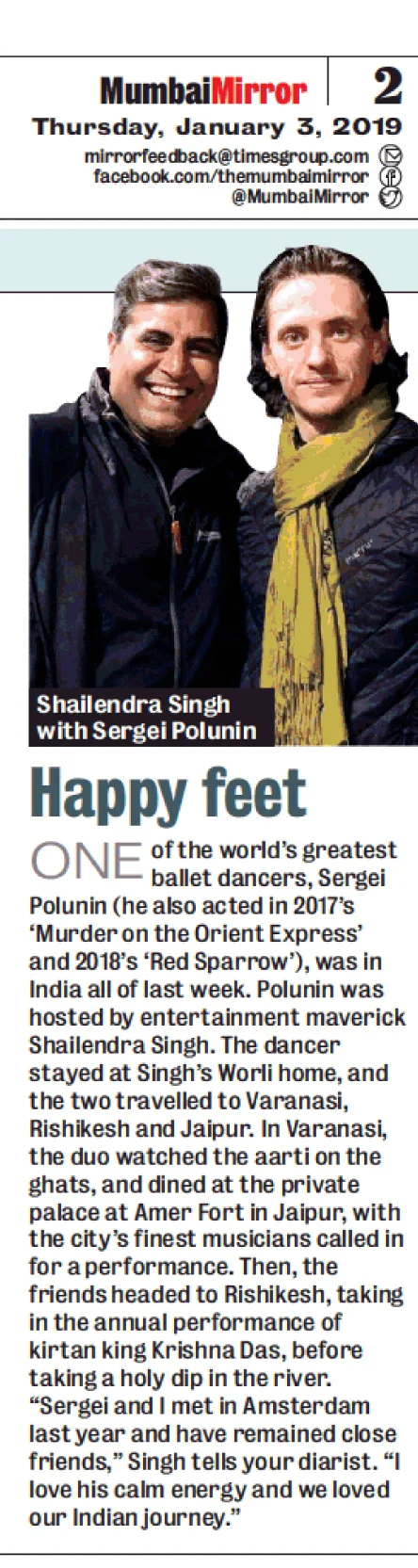 Shailendra Singh hosts Sergei Polunin in India, Mumbai Mirror 2019