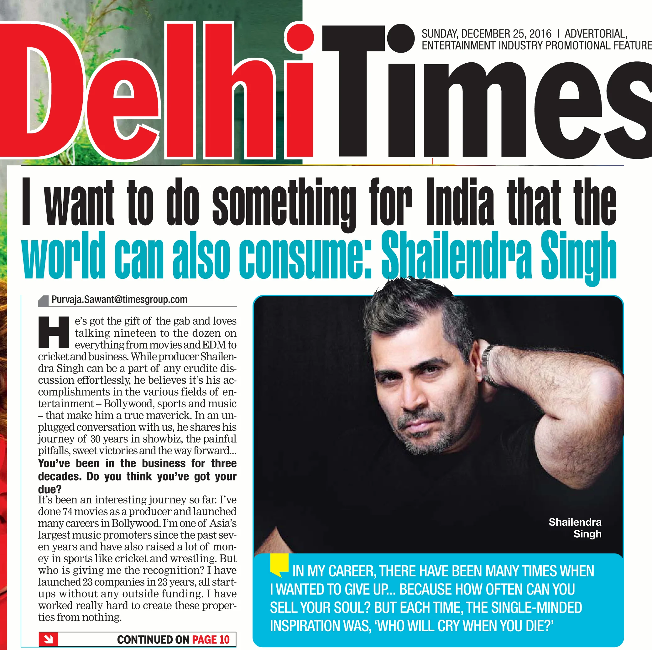 Shailendra Singh featured interview about creating something in India that the world can consume in Delhi Times, Dec 2016