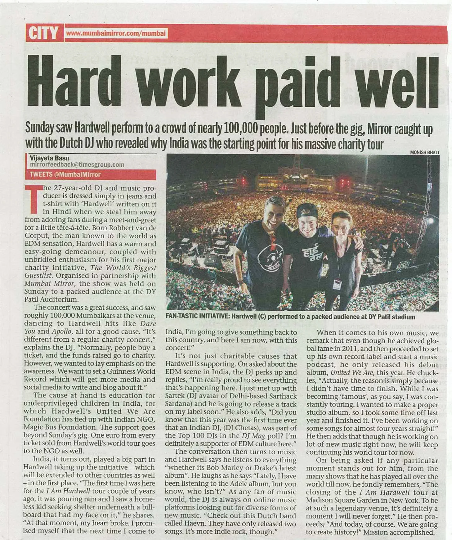 Hardwell performs for Shailendra Singh's charity concert, Mumbai Mirror, Dec 2015