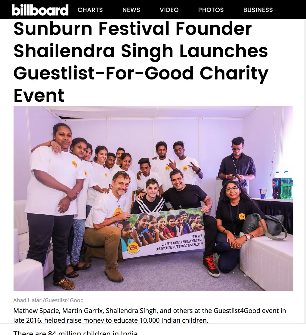 Shailendra Singh featured in Billboard magazine for launching Guestlist4Good charity event 2017 with Martin Garrix