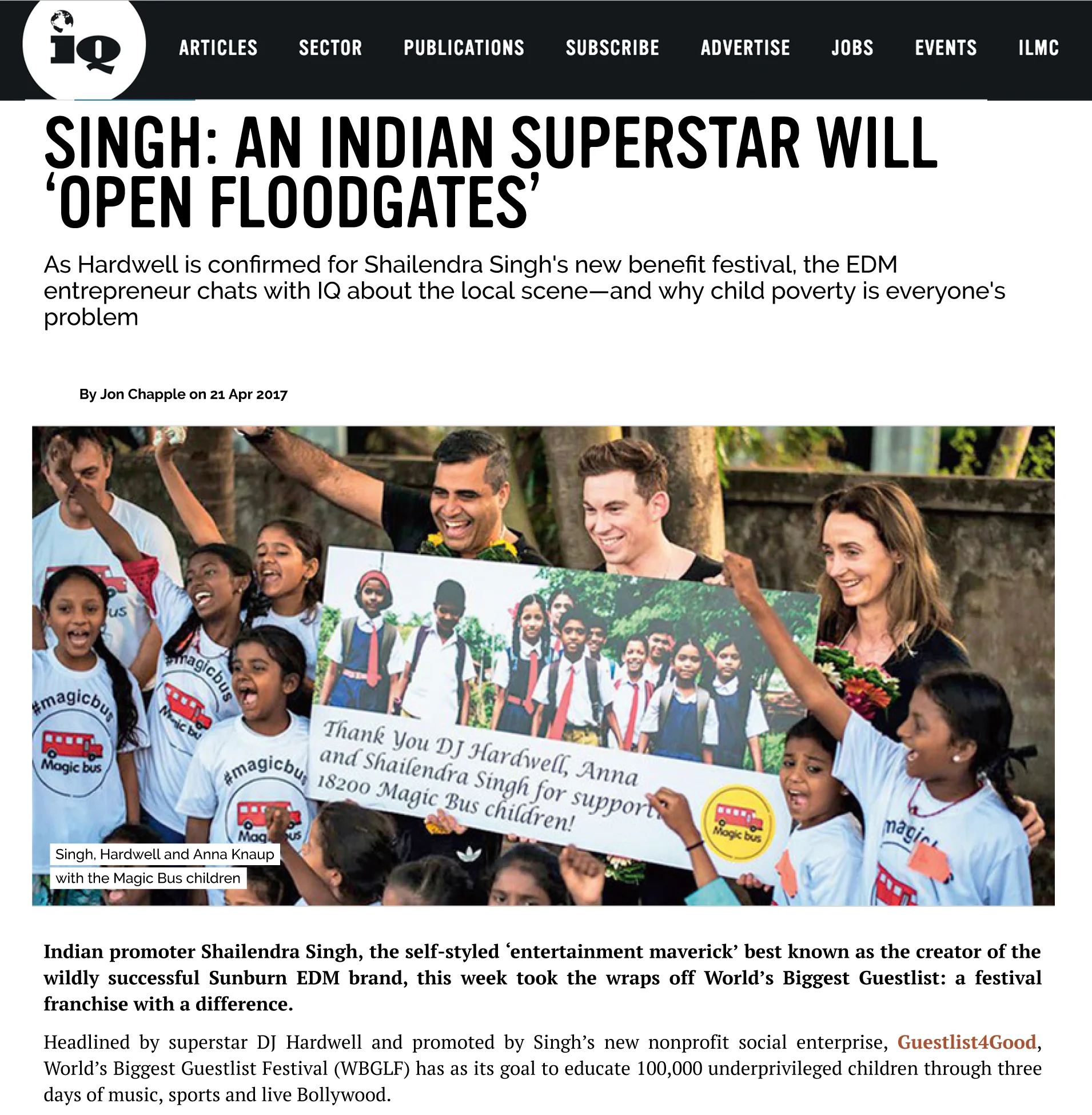 Shailendra Singh's philanthropy covered in IQ Magazine, UK, April 2017