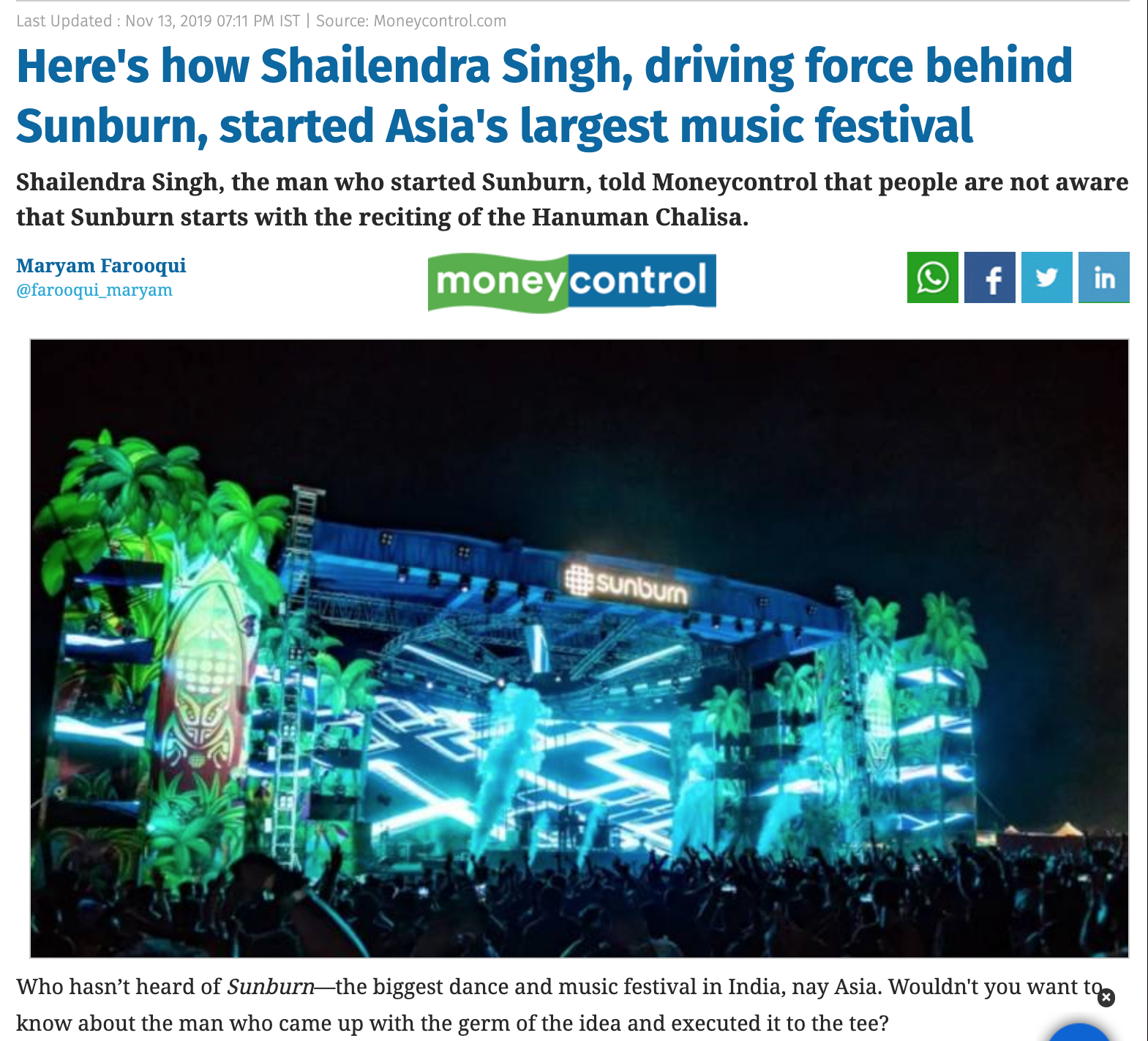 Shailendra Singh MoneyControl interview on founding Sunburn as Asia's largest music festival