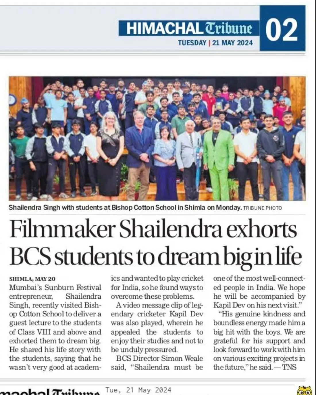 Himachal Tribune coverage of Shailendra Singh's talk at Bishop Cotton Boys School Shimla