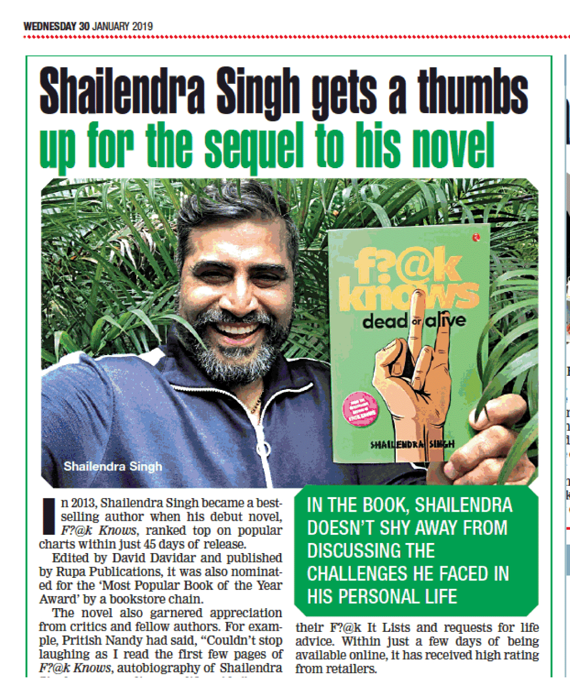 Shailendra Singh's latest book, F@?k Knows Dead or Alive, the sequel to the bestselling book F?@k Knows, featured in Times of India, January 2019