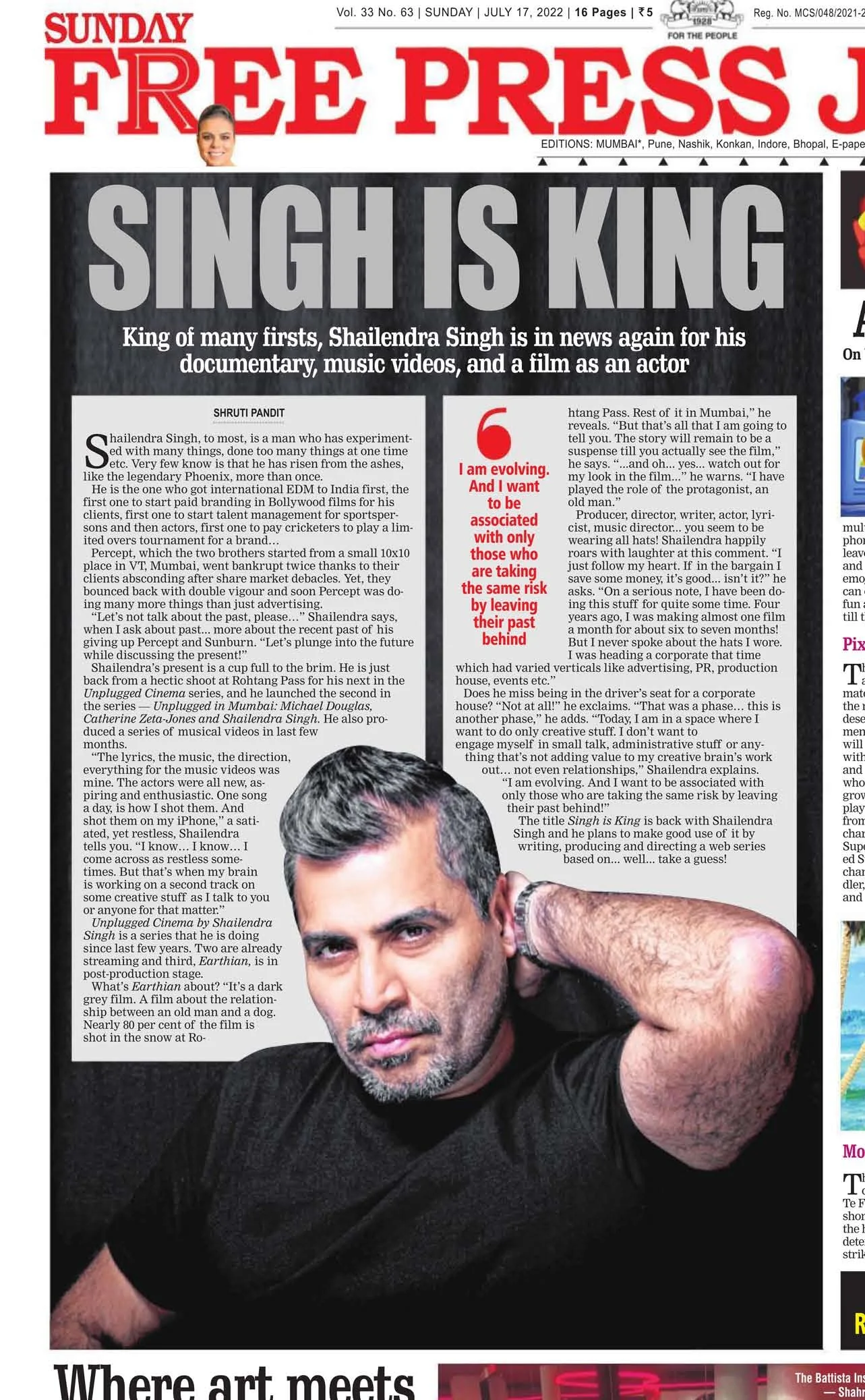 Shailendra Singh interview in Free Press Journal on Sunburn, Percept and 23 startups