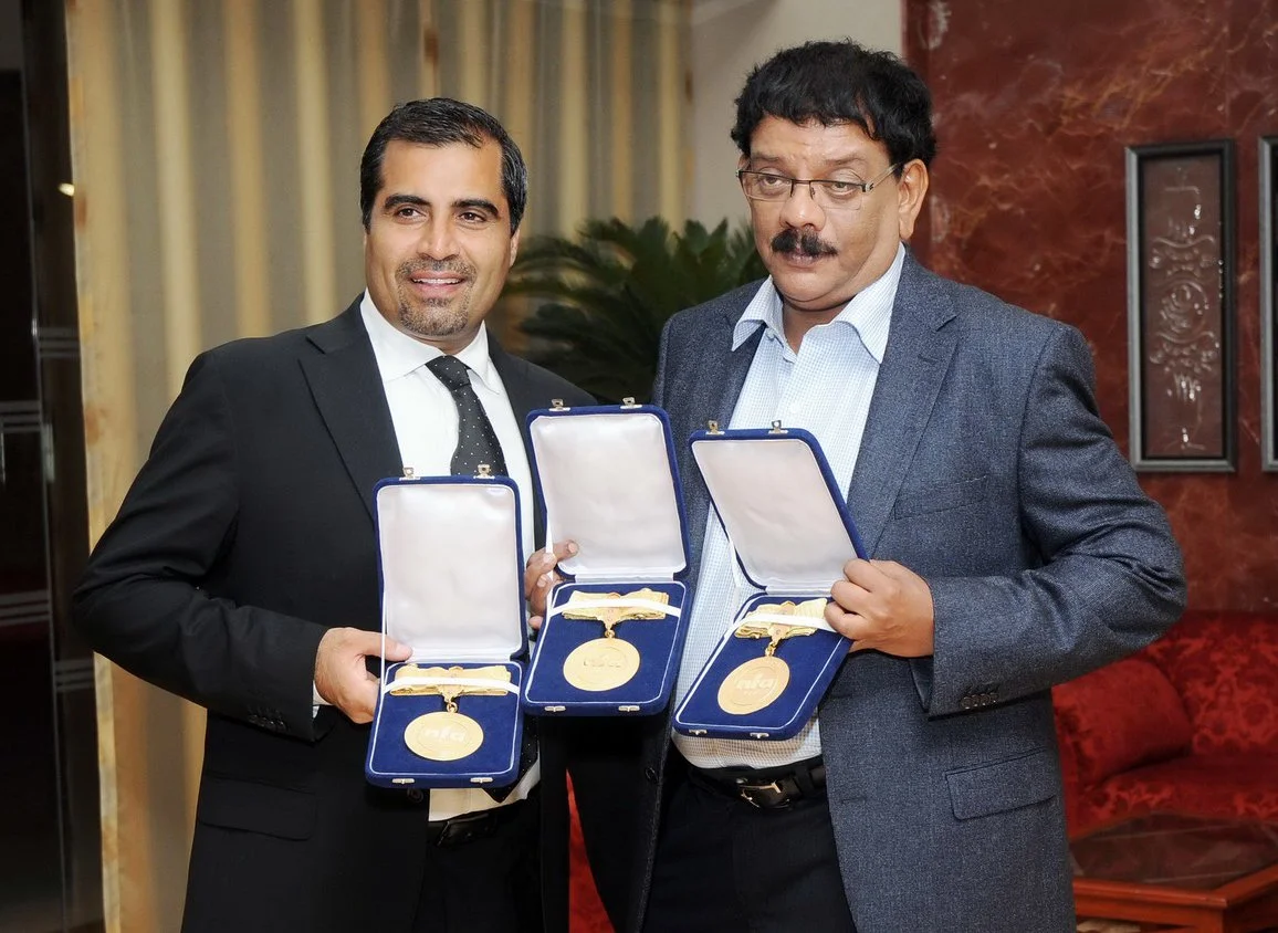 Shailendra Singh and director Priyadarshan holding three National Awards for Kanchivaram 2008 at the 55th National Film Awards
