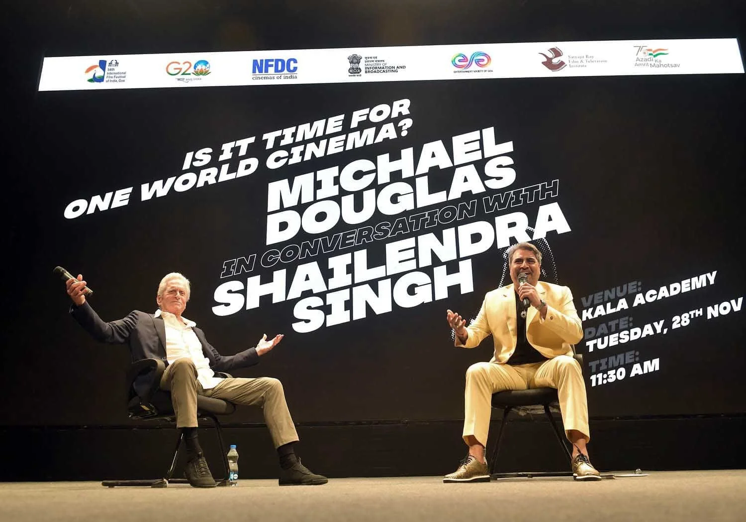 Michael Douglas and Shailendra Singh on stage at the IFFI 2023 masterclass International Film Festival of India Goa Kala Academy