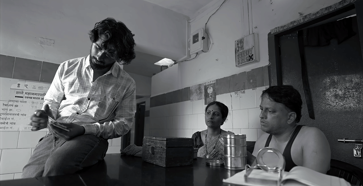Still from Ladoo (2025) — Marathi black and white drama by Shailendra Singh, on the festival circuit