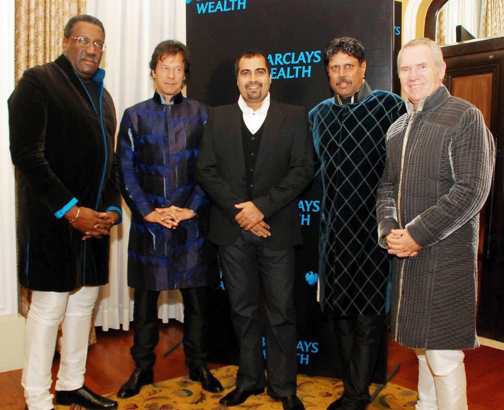 Clive Lloyd, Imran Khan, Shailendra Singh, Kapil Dev and Alan Border at a Percept and Barclays cricket event