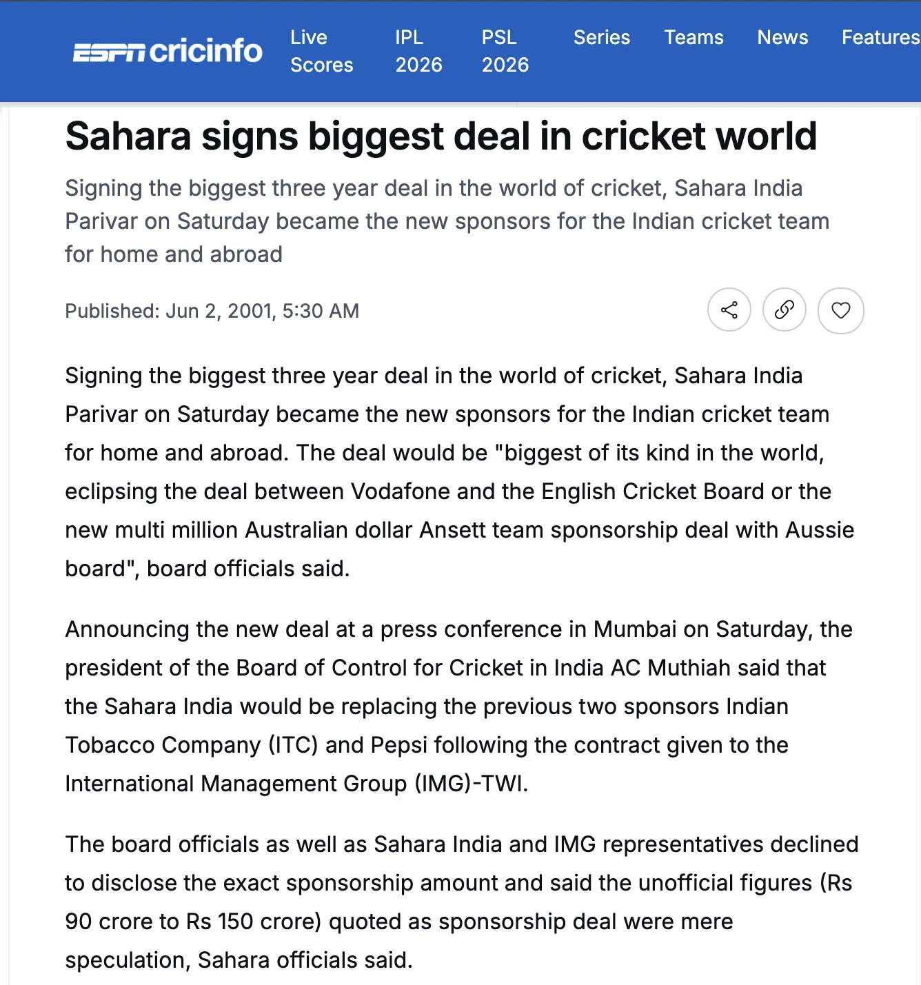 ESPN CricInfo 2001 article confirming the Sahara sponsorship of the Indian National Cricket Team brokered by Shailendra Singh — the biggest cricket deal in history