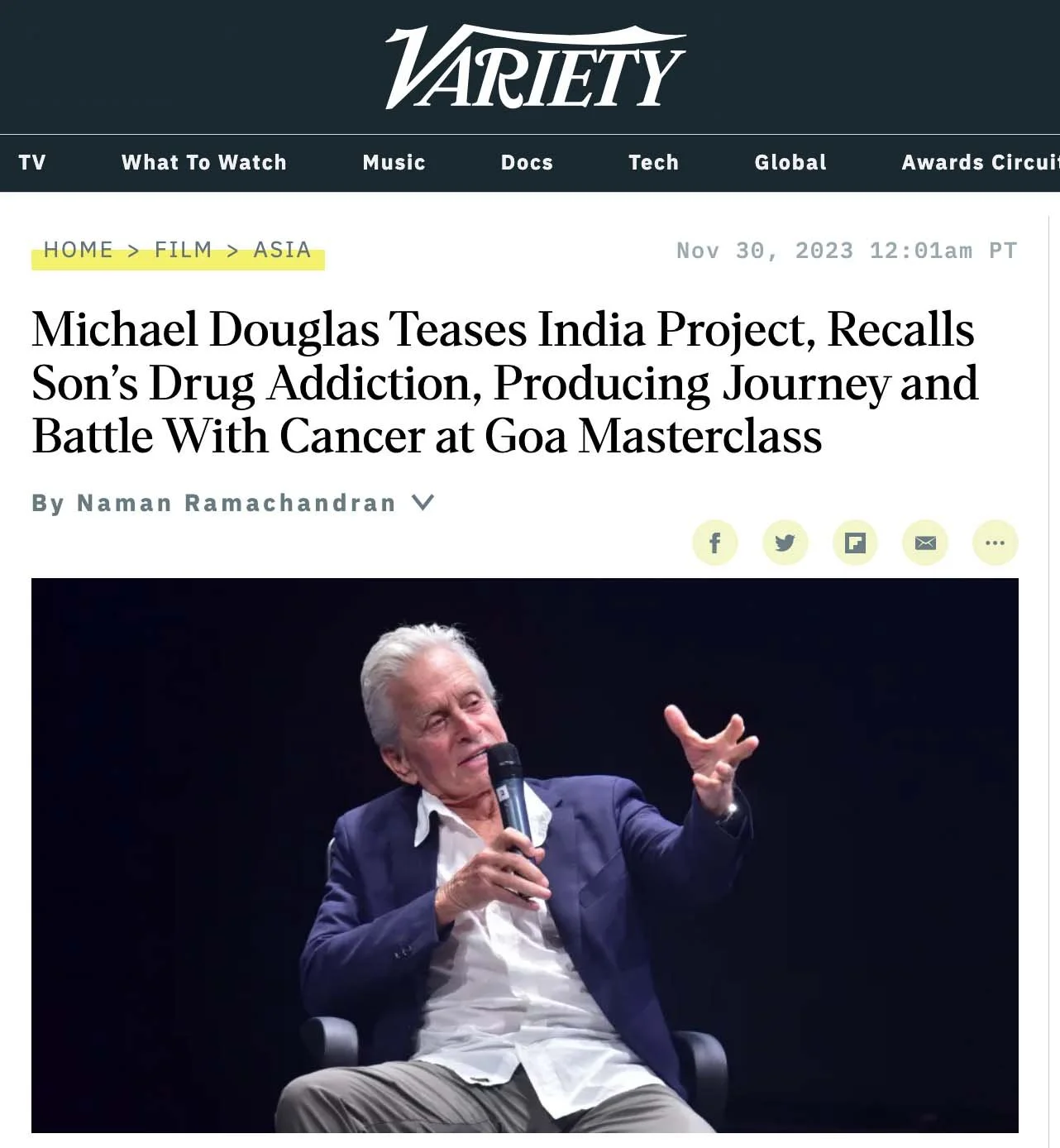 Variety magazine article covering Michael Douglas and Shailendra Singh masterclass at IFFI 2023 Goa November 2023
