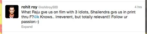 Rohit Roy tweet comparing F?@k Knows by Shailendra Singh to 3 Idiots — irreverent but totally relevant