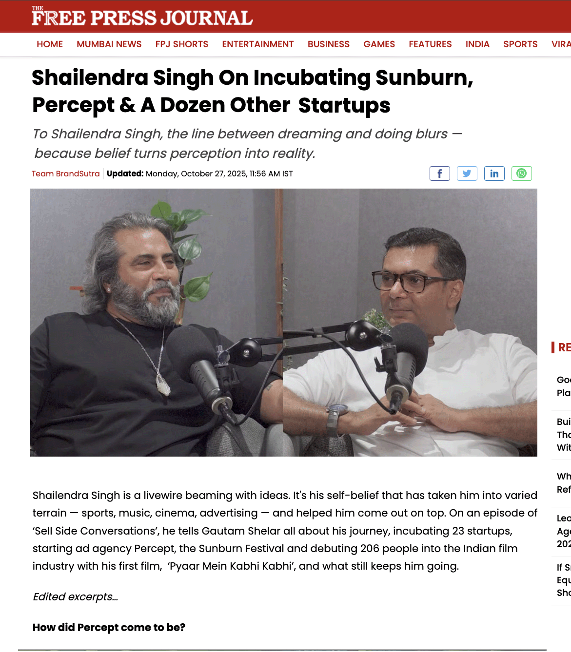 Shailendra Singh speaks about Sunburn, Percept and Startups in the Free Press Journal, Oct 2015