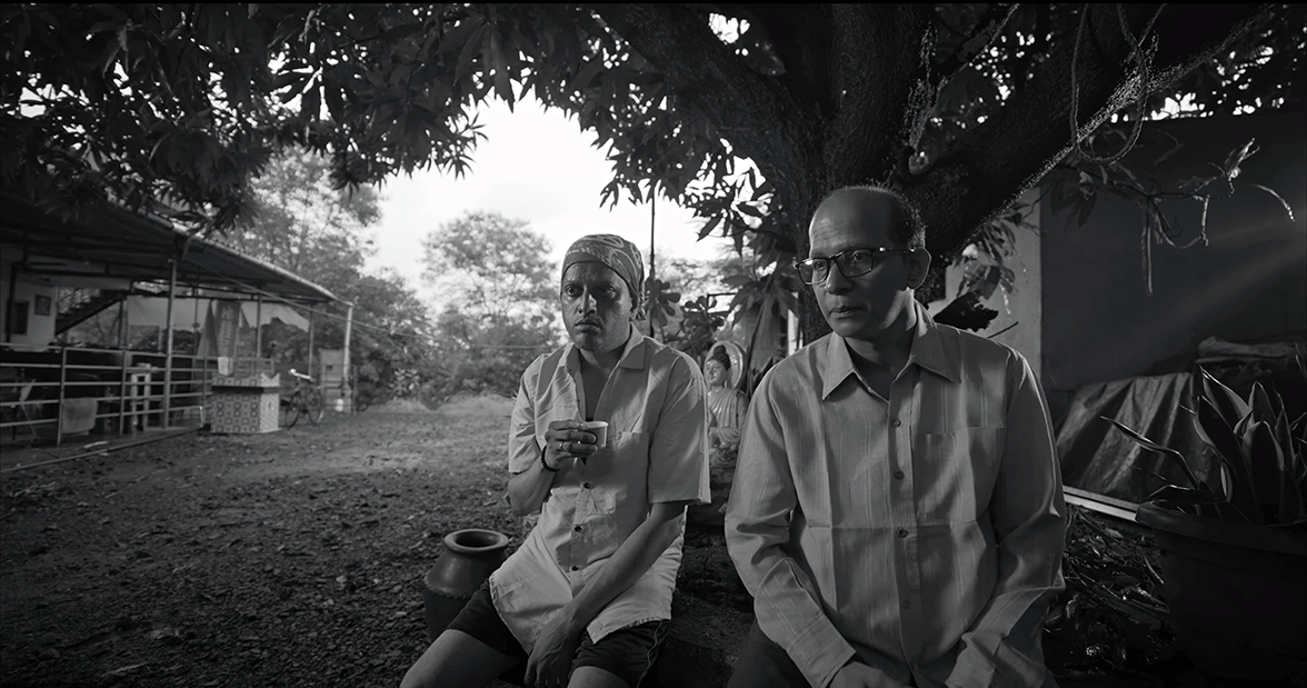 Still from Ladoo (2025) — black and white Marathi drama directed by Shailendra Singh