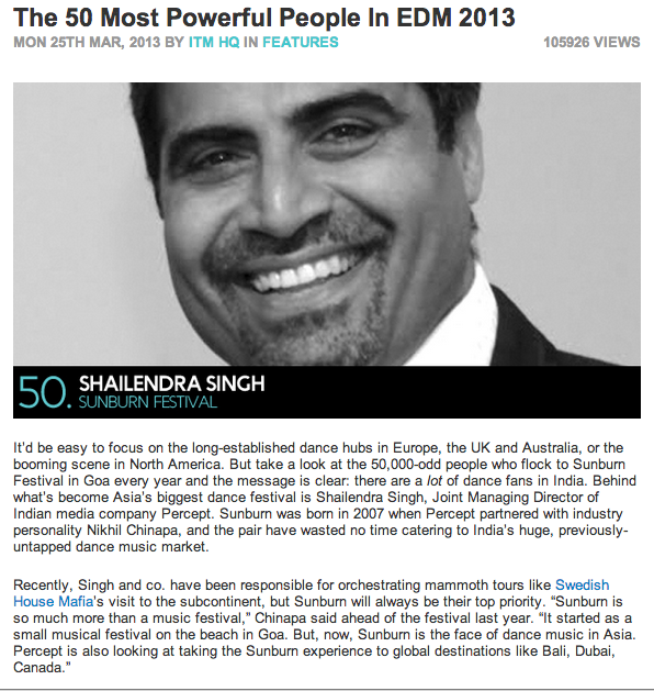 Shailendra Singh named in inthemix 50 Most Powerful People in EDM — only Indian ever ranked, 2013